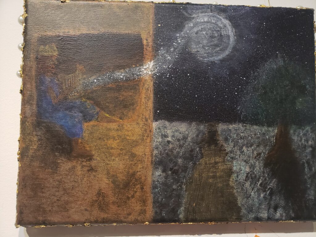 King David sits in the window of his tower, playing an instrument. sparkling light from the music sweeps to the moon, filling it. below is a road and single tree.