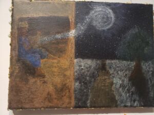 King David sits in the window of his tower, playing an instrument. sparkling light from the music sweeps to the moon, filling it. below is a road and single tree.