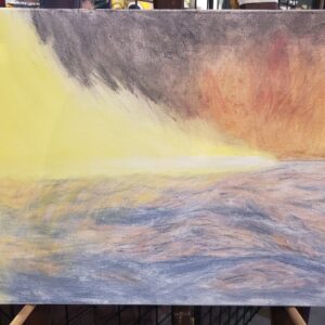 a white light with yellow tails flies from left to right over a choppy sea, the background is black with a fiery burst near the right.