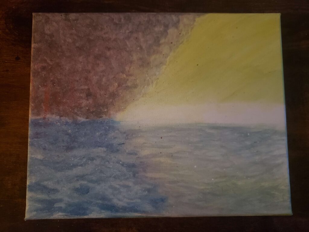 a bright light moves from the middle left to the middle right leaving tails of yellow. reflected in choppy blue water. the background is fiery, smoky, red