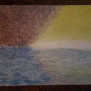 a bright light moves from the middle left to the middle right leaving tails of yellow. reflected in choppy blue water. the background is fiery, smoky, red