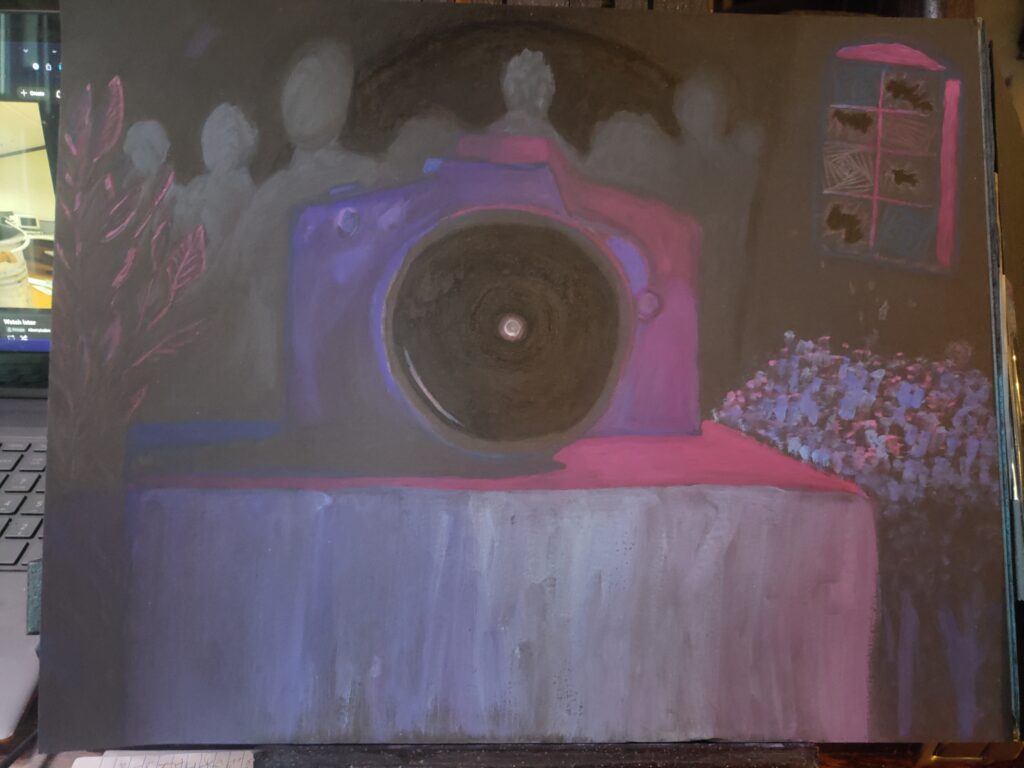 on black mixed media paper painted with regular and neon watercolour is a surreal scene. in the center is a camera lit in pinkish right on the right, fading to purple then blue towards its left side. the center of the black lens has a white circle mottled like a moon. it sits on a pedestal also showing the gradient from right to left with the front panel having cascading lines flowing down. to the lower right is a collection of plants like a bush. A few broken glass pieces tumble down from the window above where some panes have swirls and others are broken. All still in the pinkish gradient. on the left side is a leafy plant growing our of a swirled vase, also of course pink to purple. behind is a grayish crowd of human silhouettes. behind them is a large black circle that they may be entering or exiting.