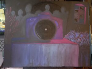 on black mixed media paper painted with regular and neon watercolour is a surreal scene. in the center is a camera lit in pinkish right on the right, fading to purple then blue towards its left side. the center of the black lens has a white circle mottled like a moon. it sits on a pedestal also showing the gradient from right to left with the front panel having cascading lines flowing down. to the lower right is a collection of plants like a bush. A few broken glass pieces tumble down from the window above where some panes have swirls and others are broken. All still in the pinkish gradient. on the left side is a leafy plant growing our of a swirled vase, also of course pink to purple. behind is a grayish crowd of human silhouettes. behind them is a large black circle that they may be entering or exiting.