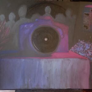 on black mixed media paper painted with regular and neon watercolour is a surreal scene. in the center is a camera lit in pinkish right on the right, fading to purple then blue towards its left side. the center of the black lens has a white circle mottled like a moon. it sits on a pedestal also showing the gradient from right to left with the front panel having cascading lines flowing down. to the lower right is a collection of plants like a bush. A few broken glass pieces tumble down from the window above where some panes have swirls and others are broken. All still in the pinkish gradient. on the left side is a leafy plant growing our of a swirled vase, also of course pink to purple. behind is a grayish crowd of human silhouettes. behind them is a large black circle that they may be entering or exiting.