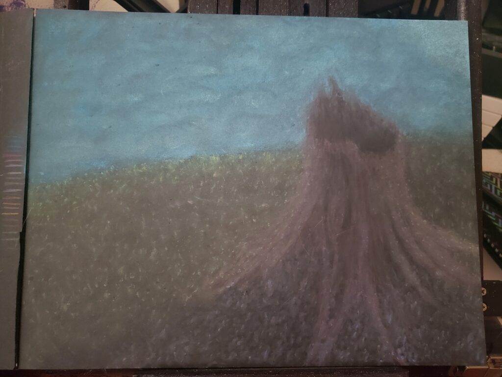 a burnt out stump on the right is surrounded by short plants and has traces of lichen on it, further in the background is a blue toned wavy space that maybe trees, on teh top right is a small triangle of bright pale blue that may be sky.