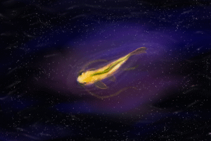 a golden koi fish with green fins swims through the galaxy