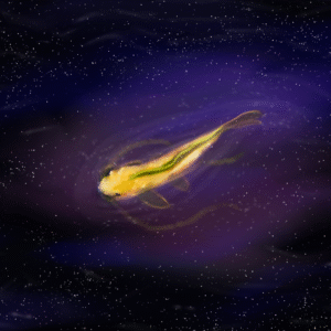 a golden koi fish with green fins swims through the galaxy