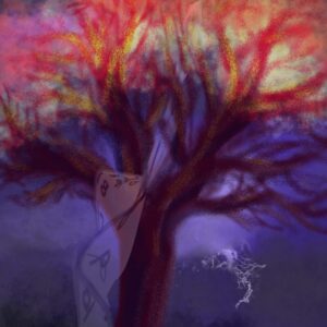 a flaming tree, a clock waving off it like a scarf, lightning in the background