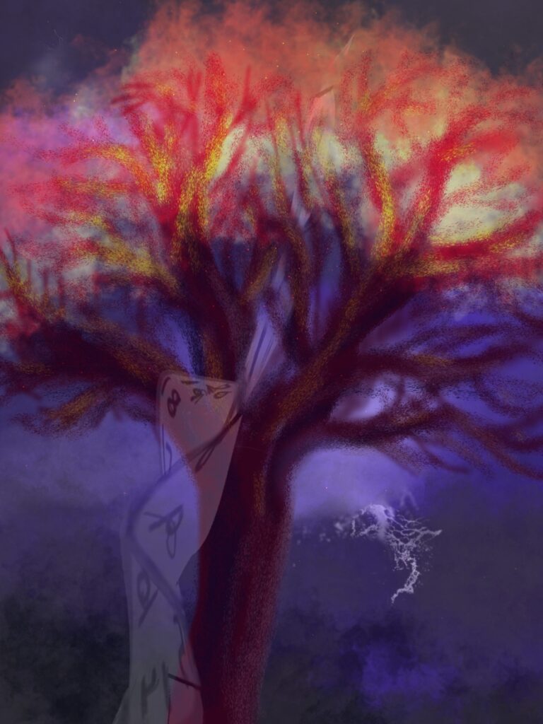 a flaming tree, a clock waving off it like a scarf, lightning in the background