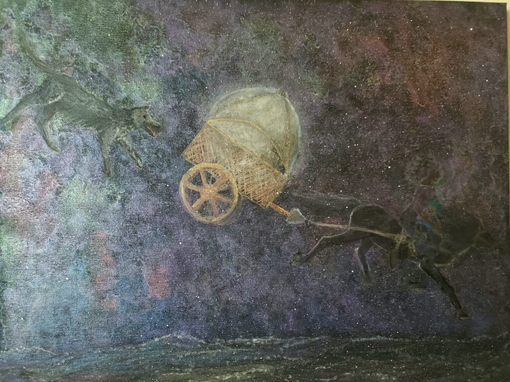 a rider with her child rides a horse drawing the moon followed by a wolf, below is the sea and the background is galaxy-like