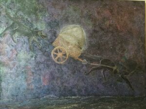 a rider with her child rides a horse drawing the moon followed by a wolf, below is the sea and the background is galaxy-like