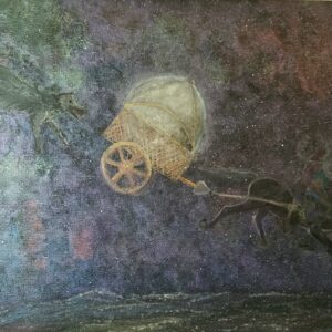 a rider with her child rides a horse drawing the moon followed by a wolf, below is the sea and the background is galaxy-like