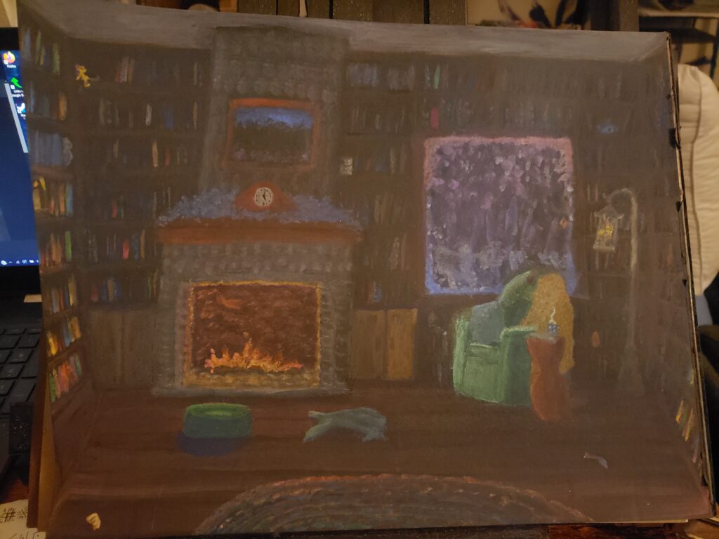 watercollour painting of a library wiht a winter setting vaguel outside the widnow, inside book shelves, a fireplace, a clock on teh mantel. an armchair with a blanket and pillow, a table with a steaming mug, there's signs of a pet, there's a braided rug on the wooden floor, a lantern on a pole, a candle on a shelf along with a bear, a tin can, a rock. and a ceramic pot in various places