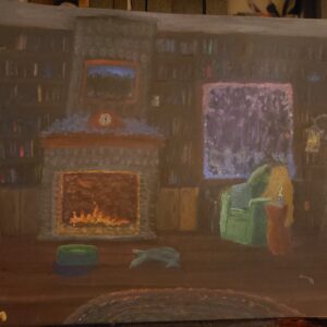 watercollour painting of a library wiht a winter setting vaguel outside the widnow, inside book shelves, a fireplace, a clock on teh mantel. an armchair with a blanket and pillow, a table with a steaming mug, there's signs of a pet, there's a braided rug on the wooden floor, a lantern on a pole, a candle on a shelf along with a bear, a tin can, a rock. and a ceramic pot in various places