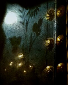 abstract photo, frame like line on the right with golden circles that have a star in the middle, left has a dark jagged line like a curtain, near the bottom left is a golden cluster of vague spots, along the right bar the gold circles are reflected onto the bluish gray background in center, to the upper right in that blueish gray segment is a white circle like the moon, in the middle is a silhouette of what looks like plants with flowers and leaves.