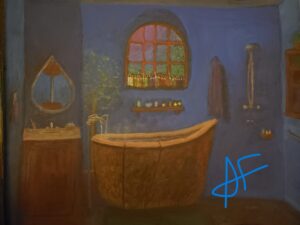 a watercolour painting of a bathroom, large walk-in tub of bronze, separate roll in shower, a cabinet sink with raindrop mirror above reflecting an old-fashioned toilet, rainbow candles on a window sill showing the colours of sunset and leaves outside, a small potted tree near the tub. blue walls, grayish floor.