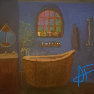 a watercolour painting of a bathroom, large walk-in tub of bronze, separate roll in shower, a cabinet sink with raindrop mirror above reflecting an old-fashioned toilet, rainbow candles on a window sill showing the colours of sunset and leaves outside, a small potted tree near the tub. blue walls, grayish floor.